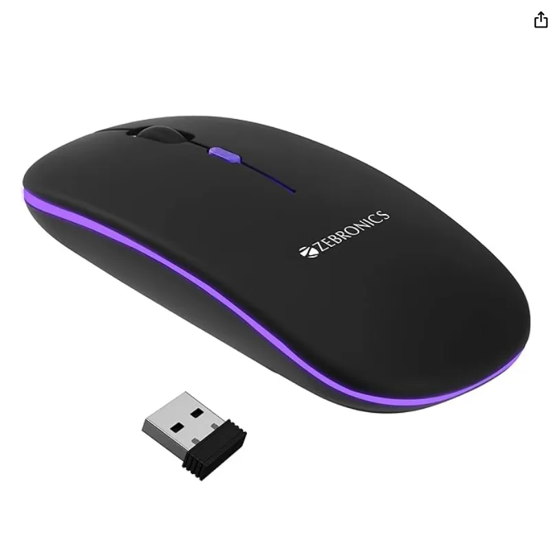 ZEBRONICS Blanc Slim Wireless Mouse with Rechargeable Battery, BT + 2.4GHz, 4 Buttons, 800/1200/1600 DPI, Silent Operation, Multicolor LED Lights